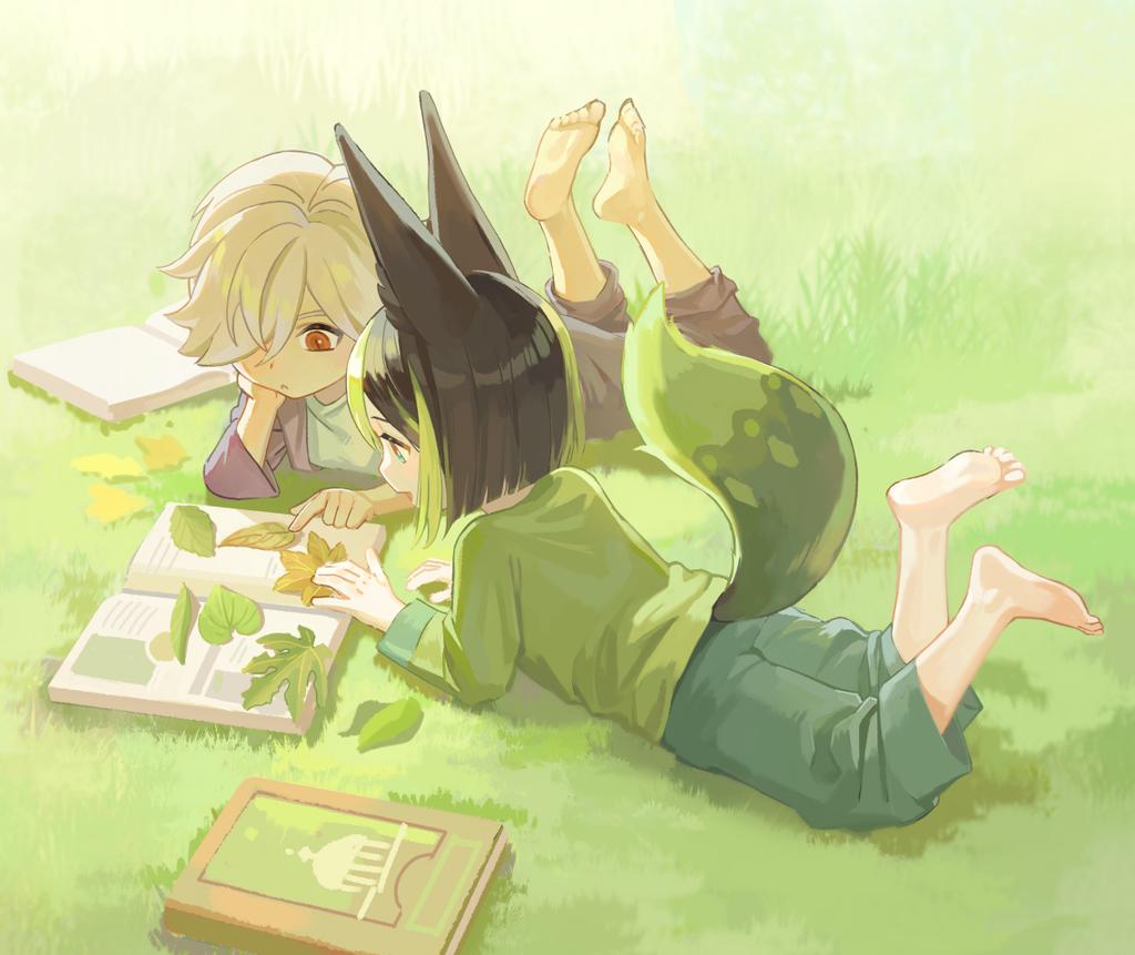 2boys :d aged_down animal_ears barefoot black_hair black_pants book chinese_commentary commentary_request cyno_(genshin_impact) day feet_up fox_boy fox_ears fox_tail genshin_impact green_eyes green_hair green_pants green_shirt grey_hair head_rest limoli_lian long_sleeves looking_at_object lying male_focus medium_hair multicolored_hair multiple_boys on_grass on_stomach open_book open_mouth orange_eyes outdoors pants shirt smile streaked_hair tail tighnari_(genshin_impact) toes