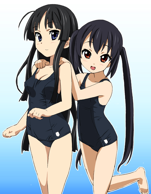 00s 2girls akiyama_mio barefoot black_hair black_one-piece_swimsuit blue_eyes blunt_bangs breasts brown_eyes child cleavage flat_chest hime_cut homing_(areya) k-on! long_hair multiple_girls nakano_azusa one-piece_swimsuit school_swimsuit swimsuit twintails