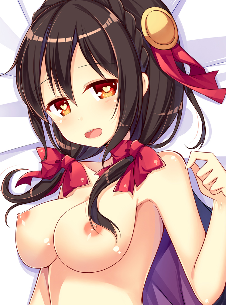 10s 1girl amemiya_ruki black_hair blush braid breasts brown_hair crown_braid female_focus hair_ornament hair_ribbon heart heart-shaped_pupils kono_subarashii_sekai_ni_shukufuku_wo! large_breasts long_hair looking_at_viewer lying nipples nude on_back open_mouth red_eyes red_ribbon ribbon smile solo symbol-shaped_pupils twintails upper_body yunyun_(konosuba)