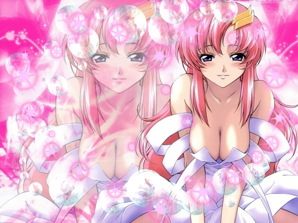 Lacus Clyne Gundam Gundam Seed 1girl Bare Shoulders Blue Eyes Blush Breasts Cleavage 3396