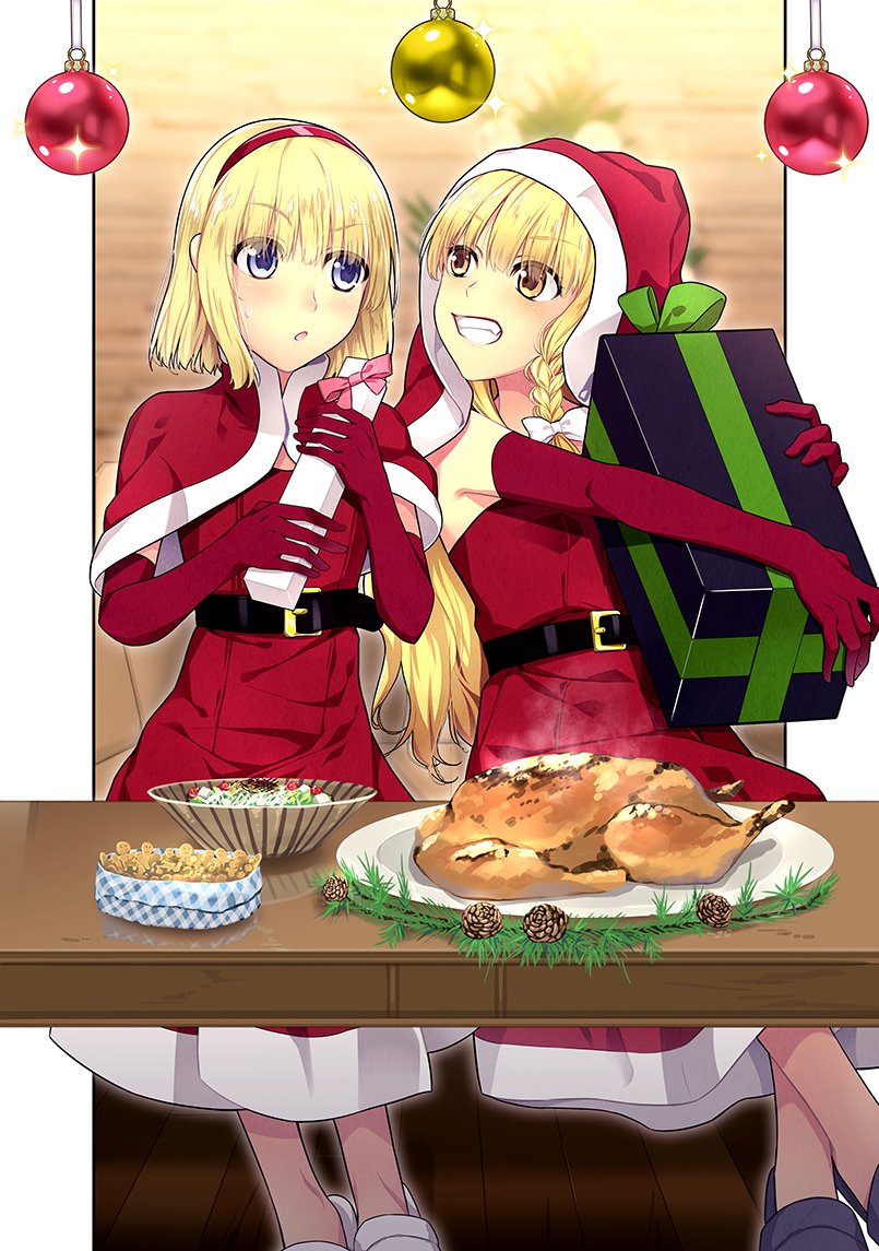 2girls akane_hazuki alice_margatroid belt black_belt blonde_hair blue_eyes christmas_present food gift gloves hairband kirisame_marisa looking_at_another multiple_girls red_gloves santa_costume table touhou turkey_(food) yellow_eyes