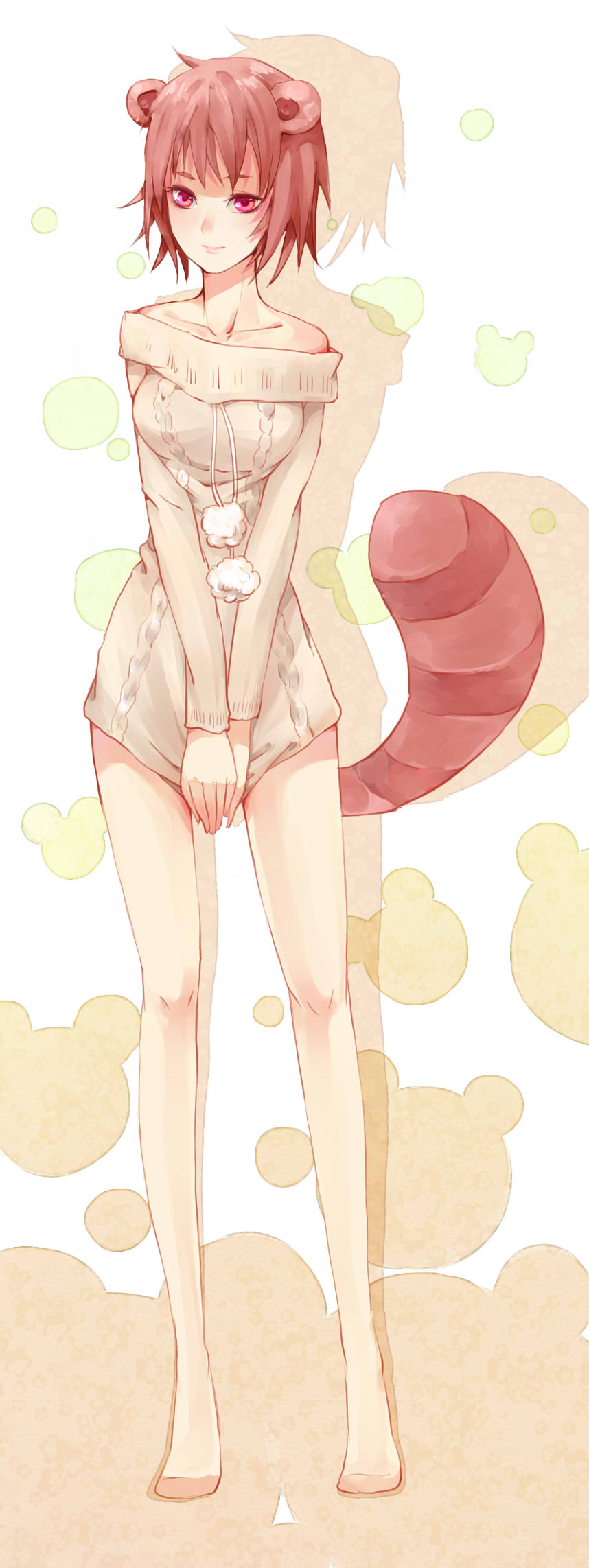 1girl animal_ears bare_legs bare_shoulders barefoot bottomless brown_hair bubble closed_mouth collarbone commentary_request covering_privates full_body highres knees long_sleeves looking_at_viewer loose_hair_strand off-shoulder_sweater off_shoulder original own_hands_together pink_eyes pom_pom_(clothes) raccoon_ears raccoon_girl raccoon_tail shadow short_hair smile solo standing sweater tail tanotomoe white_background yellow_sweater