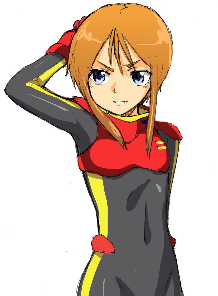 1girl blue_eyes choutako female_focus gloves gundam gundam_zz orange_hair pilot_suit puru_two red_gloves sidelocks solo