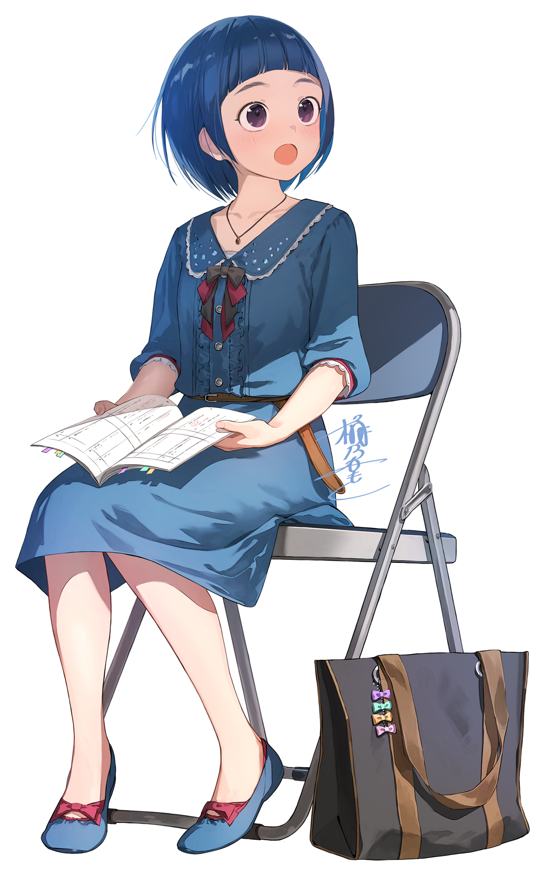 1girl :o aqua_dress arched_bangs black_bag blue_hair blunt_bangs blush book center_frills chair collarbone commentary_request commission dress folding_chair frills full_body highres holding holding_book idolmaster idolmaster_cinderella_girls jewelry looking_to_the_side necklace okazaki_yasuha okeno_kamoku short_hair signature simple_background sitting solo white_background