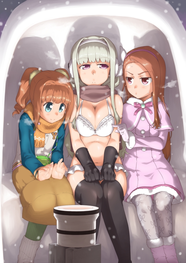 3girls aqua_eyes black_legwear blush boots bow bra breast_envy breast_poke breasts brown_eyes brown_hair cleavage coat earmuffs flat_chest girl_sandwich gloves hair_intakes hairband idolmaster idolmaster_(classic) large_breasts long_hair minase_iori multiple_girls pantyhose patterned_legwear poking print_legwear print_pantyhose purple_eyes ribbed_legwear sandwiched scarf shijou_takane silver_hair sitting smile snow_shelter snowing sweat takatsuki_yayoi thighhighs ttomm twintails underwear