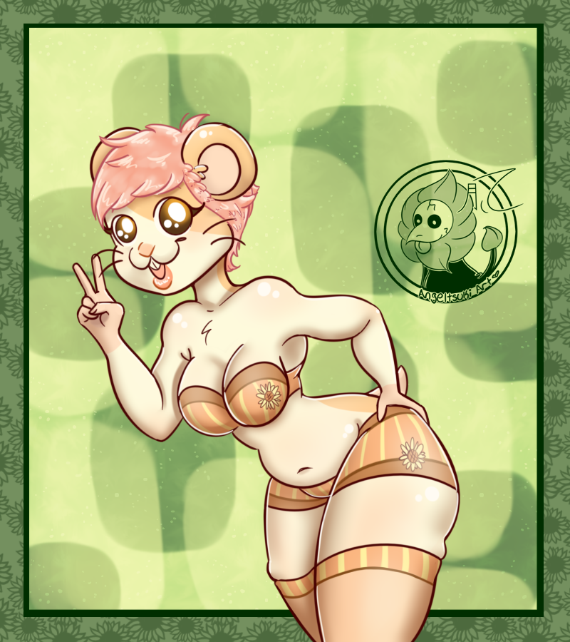 angeltsuki copyright_request flower furry furry_female genderswap genderswap_(mtf) hamster hamster_girl hamtaro hamtaro_(series) non-web_source pink_hair pinup_(style) sunflower thighhighs