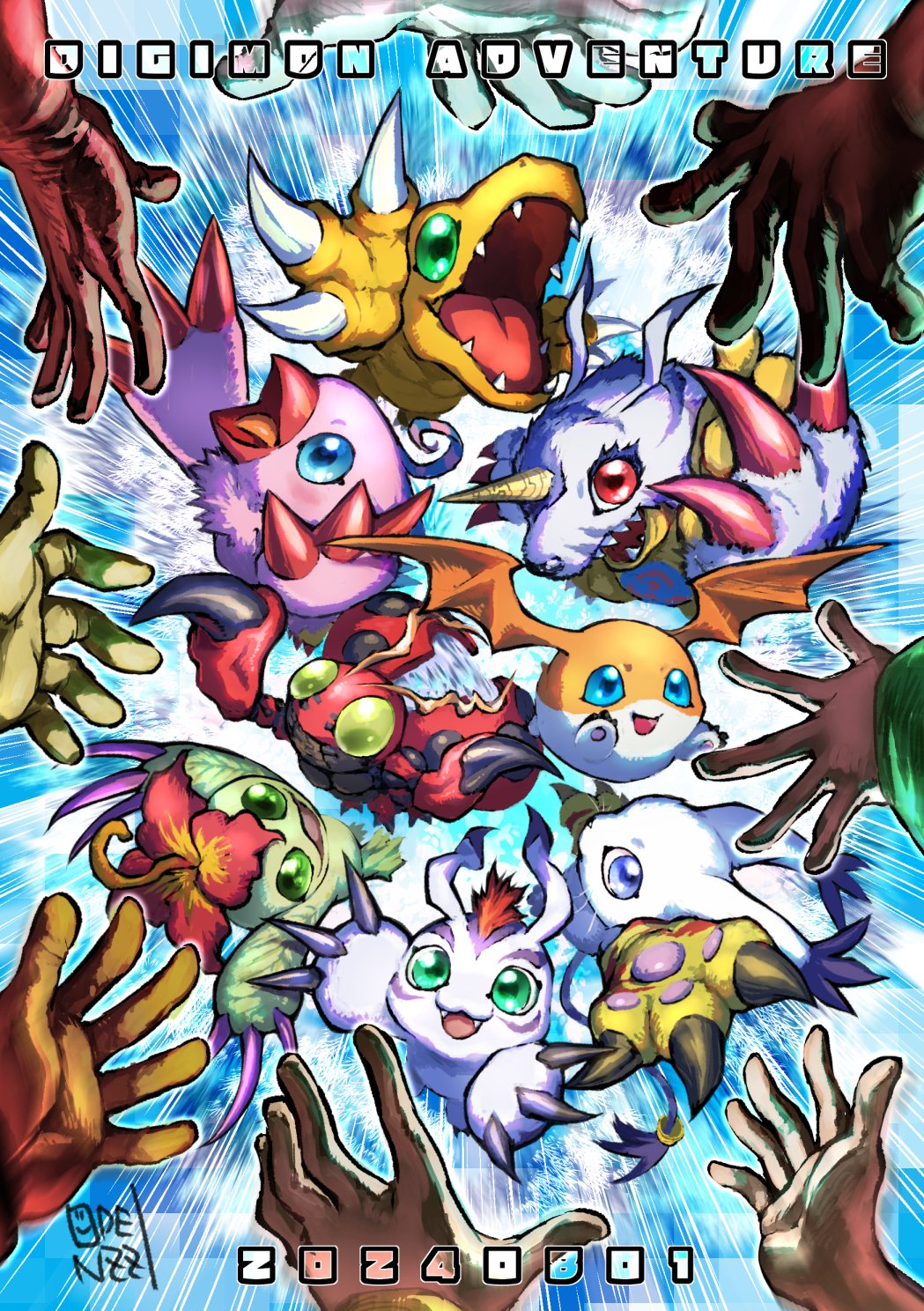 agumon animal_hands artist_logo artist_name bird blue_eyes blue_fur body_fur bug cat coat colored_skin copyright_name dated digimon digimon_(creature) digimon_adventure digimon_day feathers fur_coat gabumon gloves gomamon green_eyes hand_focus head_wings highres ishida_yamato izumi_koshiro kido_jo oden_(odenzzi) open_mouth orange_skin palmon patamon paw_gloves pink_feathers piyomon red_eyes reptile sharp_teeth tachikawa_mimi tailmon takaishi_takeru takenouchi_sora teeth tentomon white_fur wings yagami_hikari yagami_taichi