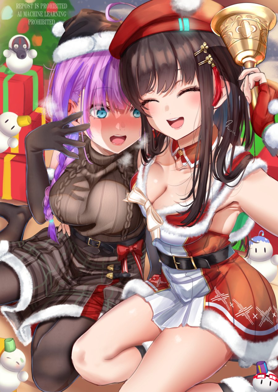 2girls bell belt beret black_gloves black_hair black_skirt black_sweater box braid breasts christmas cleavage commentary date_akari dress fur-trimmed_dress fur-trimmed_skirt fur_trim gift gift_box gloves hair_ornament happy hat heaven_burns_red highres indoors long_hair looking_at_breasts multiple_girls nikaidou_misato noir_(nowaru) purple_hair revision santa_costume santa_dress sidelocks skirt snowman sweater tassel tassel_hair_ornament yuri