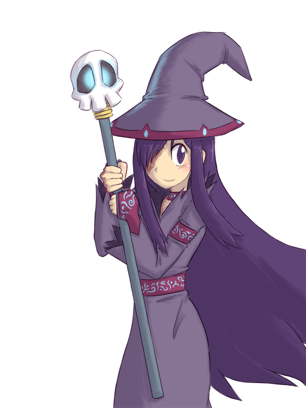 1girl alternate_costume burn_scar choker commentary cyzir_visheen english_commentary female_focus hair_over_one_eye hat ikezawa_hanako katawa_shoujo long_hair long_sleeves looking_at_viewer purple_eyes robe scar simple_background skull smile solo staff very_long_hair white_background witch witch_hat