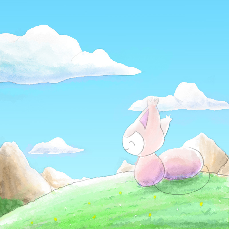 1other :3 animal_focus cloud cloudy_sky creatures_(company) flower game_freak gen_3_pokemon grass happy large_tail mountain nintendo no_humans outdoors pokemon pokemon_(creature) poochandthegang sitting skitty sky smile tail yellow_flower