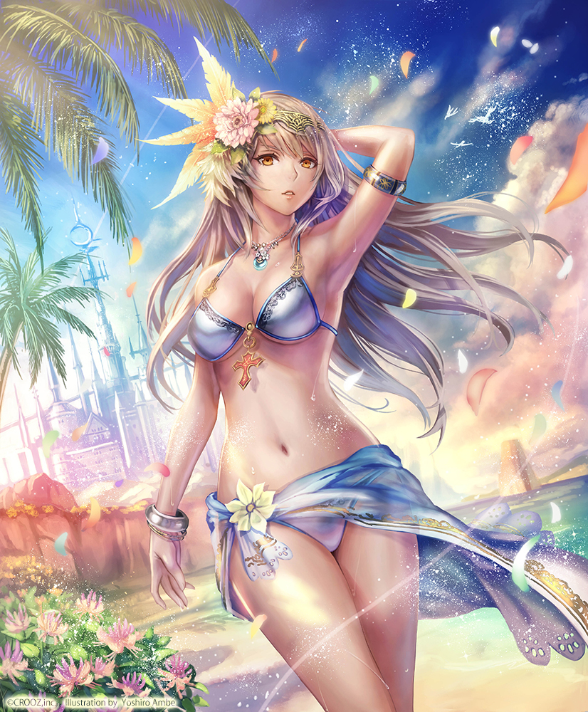 1girl anbe_yoshirou arm_behind_head arm_up armlet armpits artist_name avalon_no_kishi bangle beach bikini blonde_hair blue_bikini blue_sky bracelet breasts brown_eyes brown_hair building castle choker cleavage cliff cloud company_name cross day feather_hair_ornament feathers female_focus floating_hair flower hair_flower hair_ornament halterneck jewelry leaf long_hair looking_at_viewer medium_breasts navel necklace official_art original outdoors palm_tree parted_lips pendant petals plant sand sarong shinma_x_keishou!_ragnabreak sky solo spire standing sweat swimsuit tiara tower tree water watermark wet