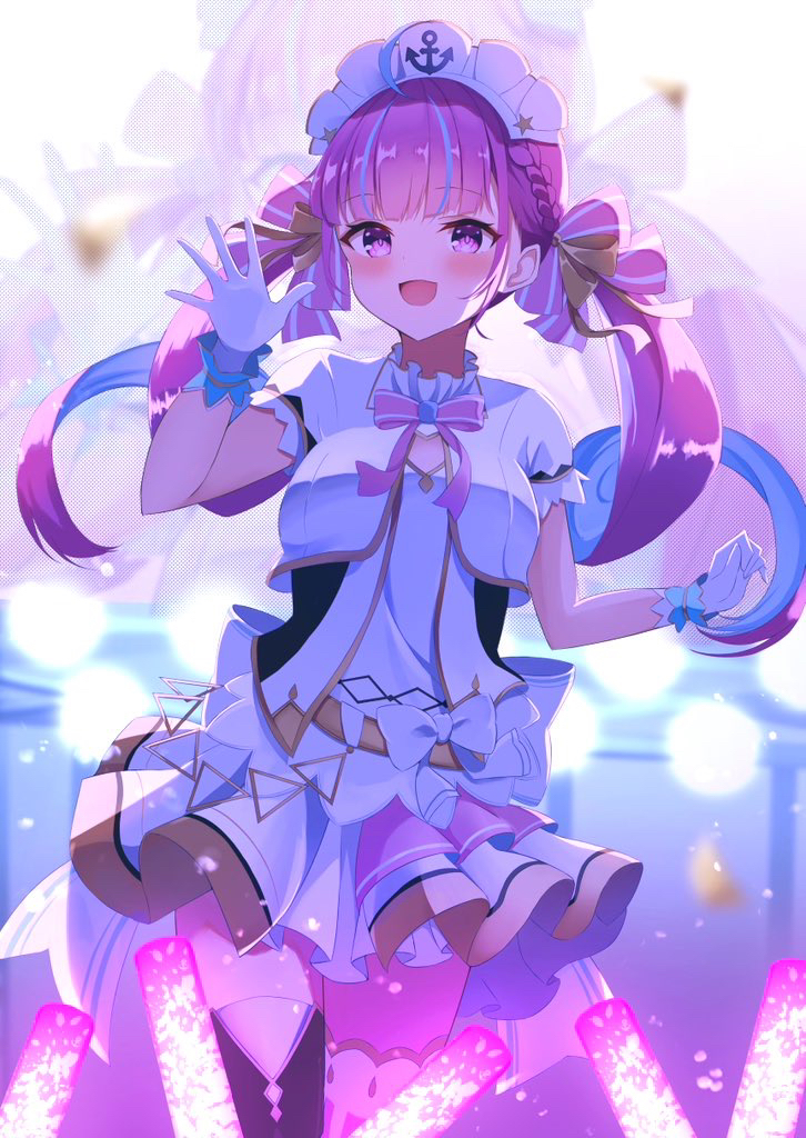 1girl :d ahoge asymmetrical_legwear back_bow belt black_thighhighs blue_hair blunt_bangs blush bow bow_skirt bowtie braid chino0803 colored_inner_hair commentary_request drill_hair fanged_bangs gloves glowstick hair_ribbon hololive hololive_idol_uniform_(origin) idol idol_clothes jacket large_bow layered_skirt long_hair looking_at_viewer minato_aqua miniskirt mismatched_legwear multicolored_hair official_alternate_costume open_mouth pink_bow pink_bowtie pink_skirt pink_thighhighs projected_inset purple_eyes purple_hair ribbon short-sleeved_jacket short_sleeves side_braids sidelocks skirt skirt_set smile solo stage streaked_hair thighhighs twin_braids twin_drills twintails two-tone_hair virtual_youtuber w_arms waving white_bow white_gloves white_jacket white_skirt wrist_cuffs zettai_ryouiki