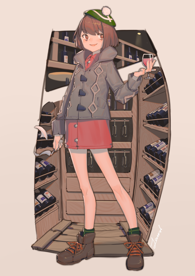 1girl bob_cut bottle brown_eyes brown_footwear brown_hair cardigan cigarette creatures_(company) cup dress drinking_glass full_body game_freak gloria_(pokemon) green_hat grey_cardigan hand_up hat holding holding_cigarette holding_cup hood hood_down hooded_cardigan lanzi_(415460661) nintendo pink_dress pokemon pokemon_swsh shadow shelf shoes short_hair signature smoke socks solo standing tam_o&#039;_shanter wine_bottle wine_glass