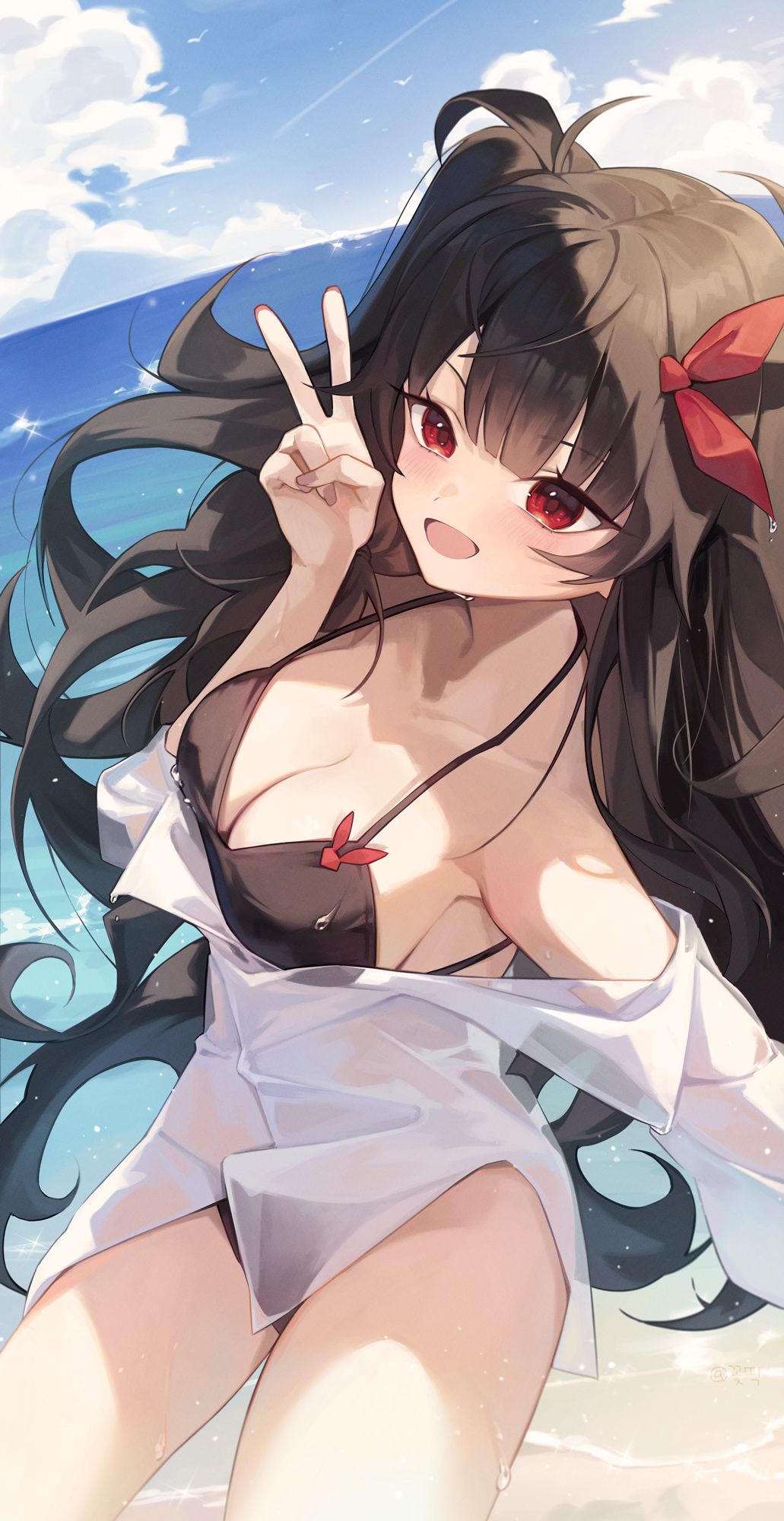 1girl beach bikini bikini_under_clothes black_bikini black_hair blush breasts cleavage day highres kurogami_sasha long_hair looking_at_viewer medium_breasts open_mouth outdoors red_eyes s0104y see-through_clothes see-through_shirt shirt solo swimsuit v v-llage virtual_youtuber water