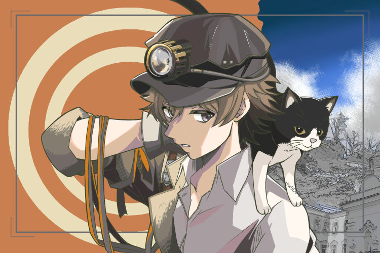 1boy amanatsu_(amanatu5069) animal animal_on_shoulder blue_sky brown_hair building cabbie_hat cat cat_on_shoulder cloud collared_shirt gloves grey_eyes grey_gloves grey_hat grey_jacket hand_on_own_head hand_up hat holding holding_rope jacket looking_at_viewer male_focus official_alternate_costume oliver_fog orange_background parted_lips reverse:1999 rope shirt short_hair single_off_shoulder sky solo upper_body white_shirt