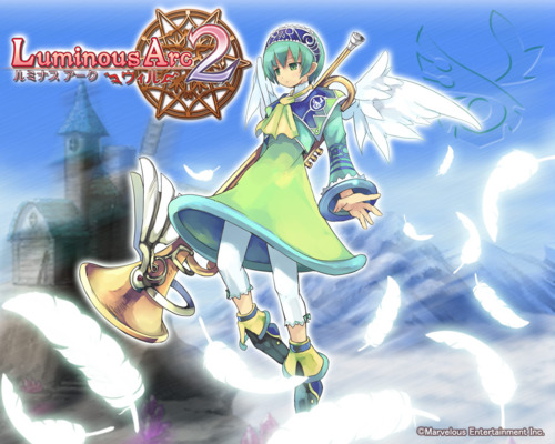 day dress feathers green_eyes green_hair hairband house instrument leggings lowres luminous_arc luminous_arc_2 mountain sadie sky solo trumpet wings