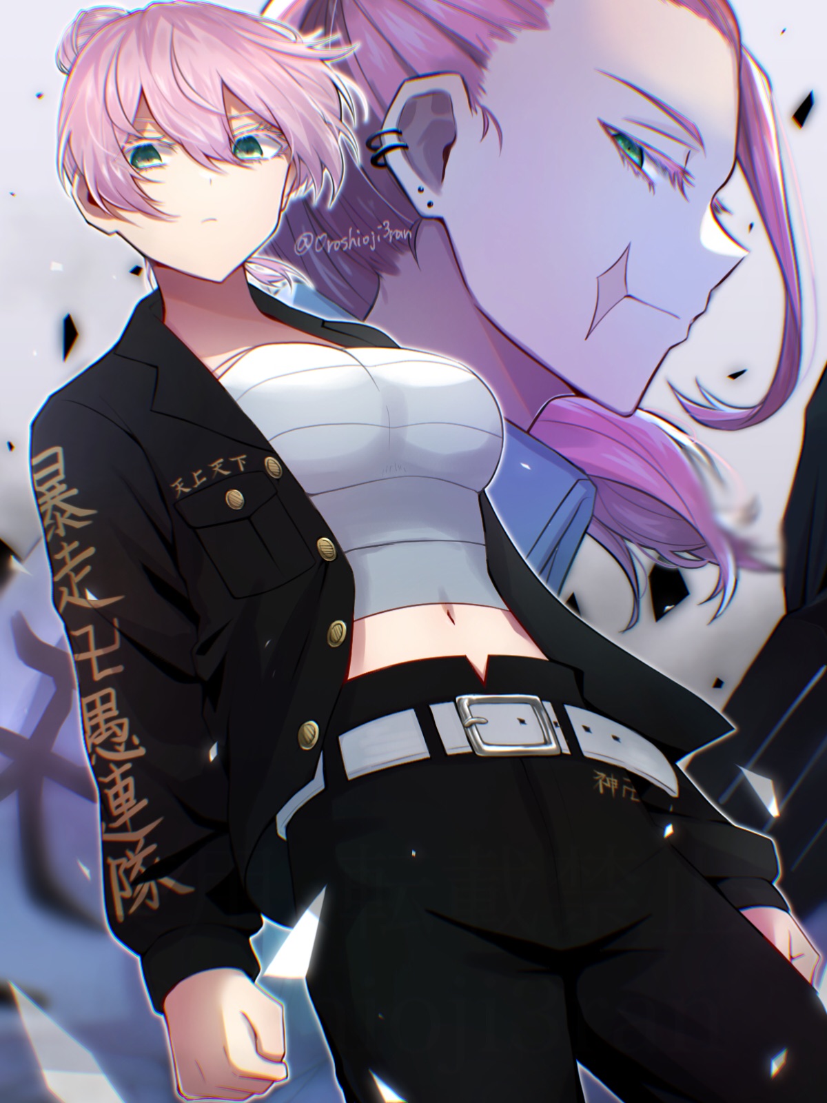 0roshioji3ran, akashi senju, sanzu haruchiyo, tokyo revengers, highres,  1boy, 1girl, belt, black jacket, black pants, breasts, brother and sister,  closed mouth, earrings, green eyes, hair between eyes, hair bun, jacket,  jewelry, long