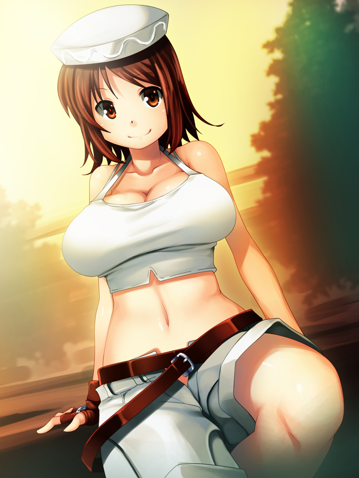 1girl bare_shoulders belt breasts brown_eyes brown_hair cleavage female_focus fingerless_gloves gloves hat ikujitto large_breasts looking_at_viewer mabinogi midriff navel player_character_(mabinogi) short_hair shorts sitting smile solo