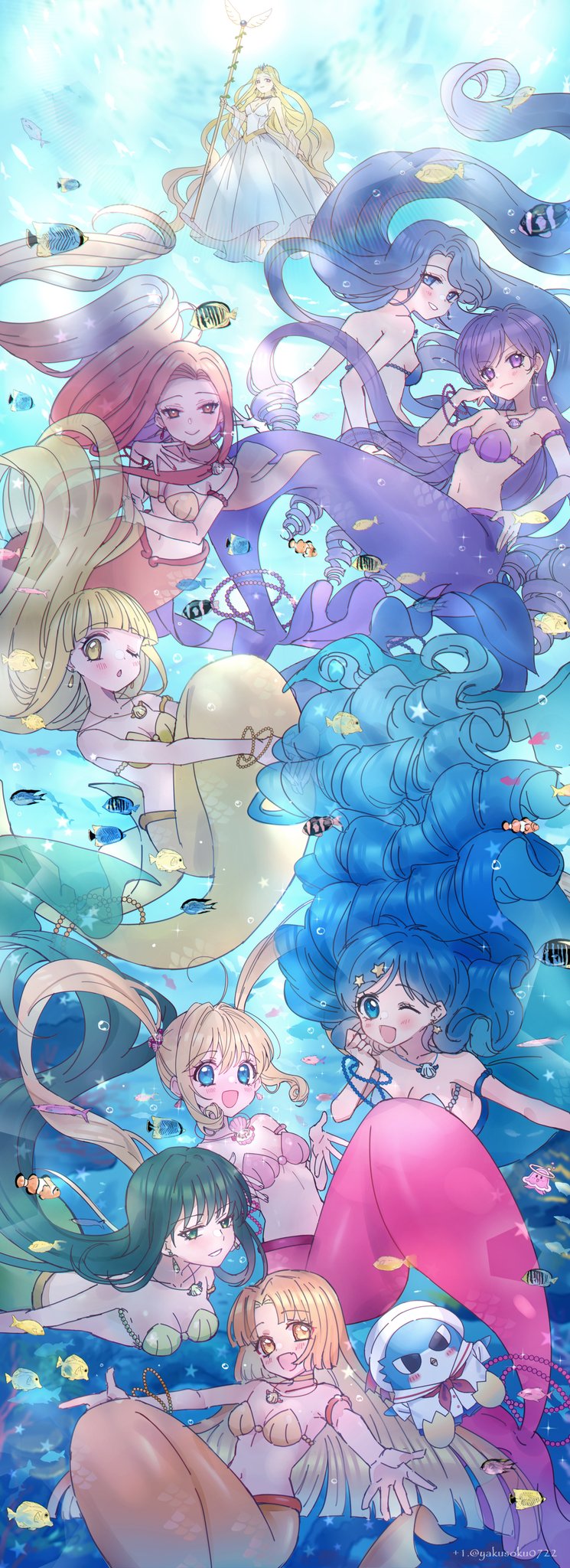 +1_(yakusoku0722) 6+girls armlet back bikini bikini_top_only blonde_hair blue_background blue_bikini blue_eyes blue_hair blush bracelet breasts caren_(mermaid_melody_pichi_pichi_pitch) cleavage closed_mouth coco_(mermaid)_(mermaid_melody_pichi_pichi_pitch) coco_(mermaid_melody_pichi_pichi_pitch) collarbone dress earrings finger_to_cheek fish fish_girl green_bikini green_eyes green_hair hair_ornament hand_on_own_cheek hand_on_own_face hand_on_own_hip highres holding holding_scepter houshou_hanon houshou_hanon_(mermaid) hugging_own_tail hugging_tail indigo_hair jewelry large_breasts long_hair looking_at_viewer looking_back looking_down maria_(mermaid_melody_pichi_pichi_pitch) mermaid mermaid_melody_pichi_pichi_pitch monster_girl multiple_girls nanami_lucia nanami_lucia_(mermaid) navel necklace noel_(mermaid_melody_pichi_pichi_pitch) one_eye_closed open_mouth orange_bikini orange_eyes pink_bikini purple_bikini purple_eyes reaching reaching_towards_viewer sara_(mermaid_melody_pichi_pichi_pitch) scepter seashell seira_(mermaid_melody_pichi_pichi_pitch) shell shell_earrings shell_hair_ornament shell_necklace sideboob sleeveless smile star_(symbol) star_earrings star_hair_ornament swimsuit tail teeth touin_rina touin_rina_(mermaid) twintails underwater white_dress yellow_bikini yellow_eyes