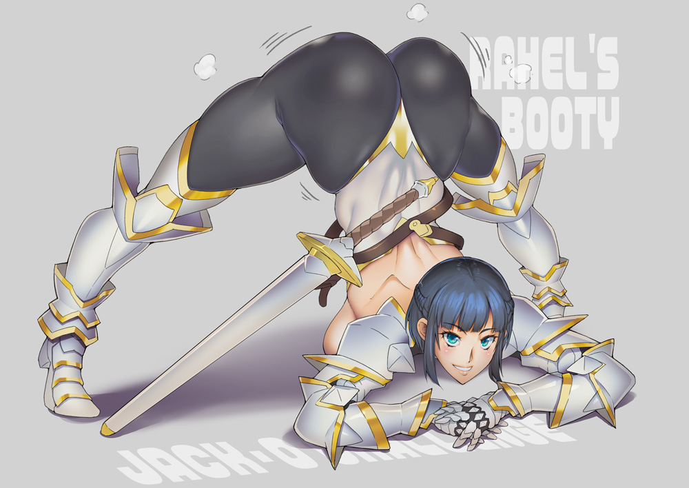 1girl armor asaki_takayuki ass blue_eyes blue_hair boots breasts huge_ass jack-o&#039;_challenge large_breasts looking_at_viewer sword weapon