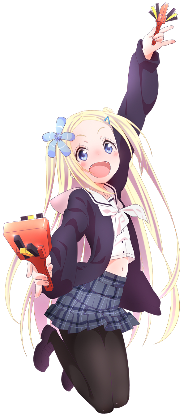 10s 1girl blonde_hair blue_eyes blush cover_image female_focus full_body hana_n._fountainstand hanayamata happy highres long_hair naruko_(instrument) official_art png_conversion school_uniform simple_background skirt smile solo watanabe_atsuko white_background