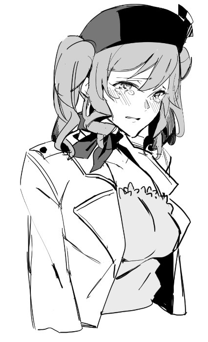 1girl alternate_costume asakawa_(outeq) beret blush breasts coat collarbone cropped_torso crying crying_with_eyes_open female_focus greyscale hair_between_eyes hat kantai_collection kashima_(kancolle) kerchief long_hair monochrome parted_lips sidelocks simple_background solo tears twintails wavy_hair white_background