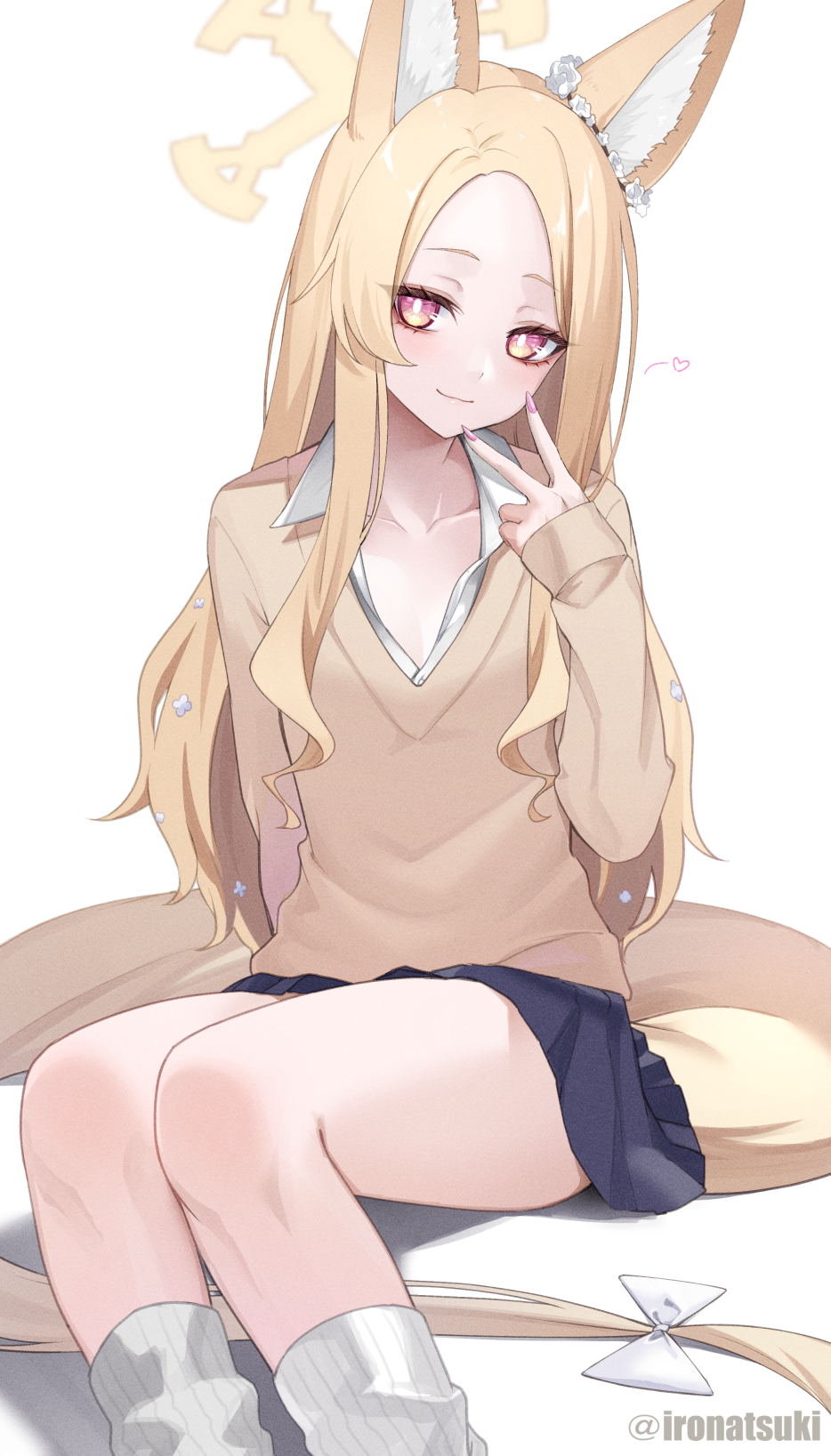 1girl alternate_costume animal_ear_fluff animal_ears artist_name blonde_hair blue_archive blue_skirt blush brown_cardigan cardigan closed_mouth collarbone collared_shirt commentary_request fingernails forehead fox_ears fox_girl fox_tail gradient_eyes halo head_wreath highres ironatsuki long_hair long_sleeves looking_at_viewer miniskirt multicolored_eyes nail_polish pink_nails seia_(blue_archive) shirt simple_background sitting skirt smile socks solo tail thighs v very_long_hair white_background white_shirt white_socks yellow_halo