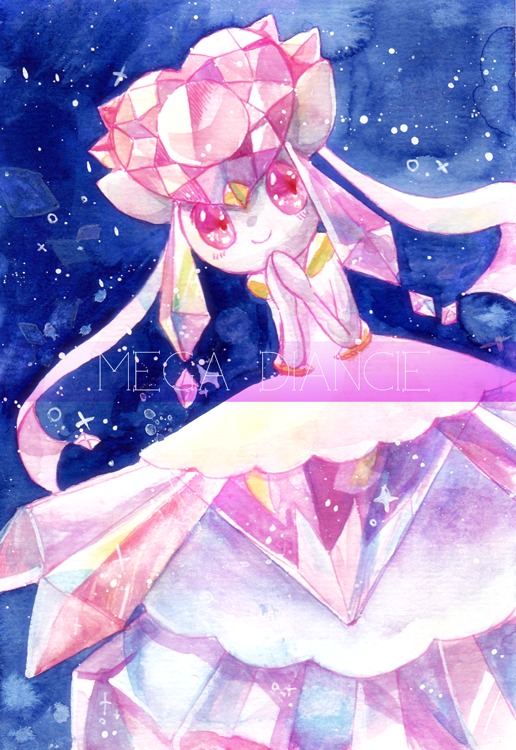 blue_background character_name closed_mouth commentary_request creatures_(company) diancie dress forehead_jewel game_freak gem gen_6_pokemon heart-shaped_gem legendary_pokemon mega_diancie mega_pokemon mizoreame mythical_pokemon nintendo own_hands_together painting_(medium) pink_eyes pink_gemstone pokemon pokemon_(creature) ribbon smile solo sparkle traditional_media watercolor_(medium) white_dress white_ribbon