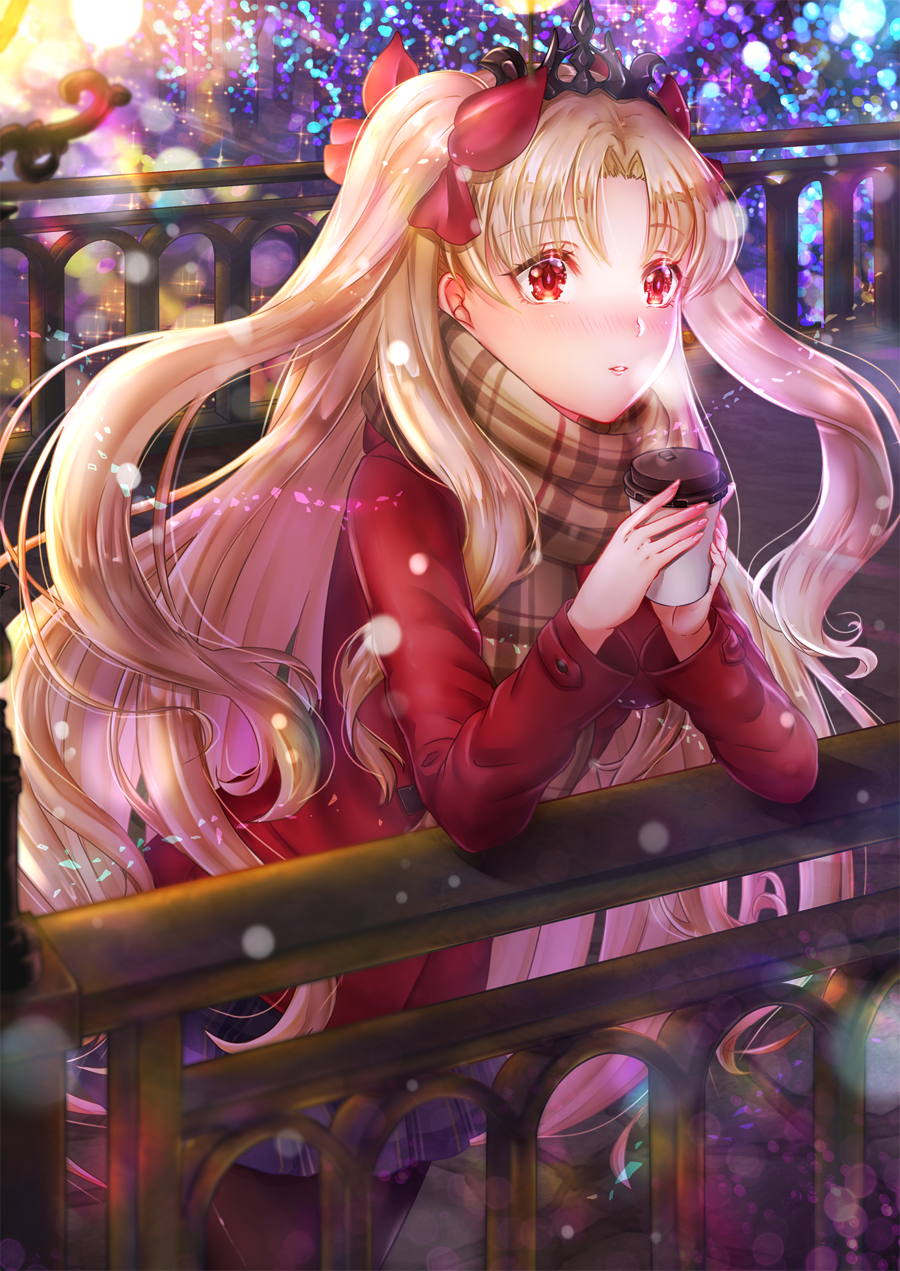 1girl bad_id bad_pixiv_id black_pantyhose blonde_hair blue_skirt bow brown_scarf coat cup diadem disposable_coffee_cup disposable_cup ereshkigal_(fate) fate/grand_order fate_(series) floating_hair hair_bow highres holding holding_cup leaning_forward long_hair long_sleeves miniskirt nyamaso outdoors pantyhose parted_lips plaid_clothes plaid_scarf pleated_skirt red_bow red_coat red_eyes scarf skirt solo standing teacup twintails two_side_up very_long_hair