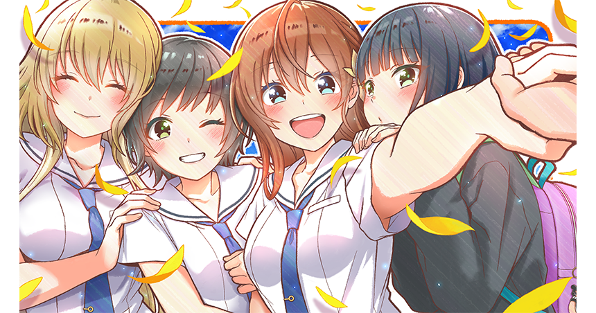 4girls :d ^_^ arihara_tsubasa arm_hug backpack bag black_cardigan black_hair blonde_hair blue_eyes blue_necktie blunt_bangs blush bow brown_hair cardigan cinderella_series closed_eyes closed_mouth falling_petals green_eyes grin hachigatsu_no_cinderella_nine hair_between_eyes hair_bow hanako_(akatsuki) hands_on_another&#039;s_shoulders kawakita_tomoe long_hair looking_at_viewer multiple_girls necktie non-web_source nozaki_yuuki official_art one_eye_closed open_mouth panties petals reaching sailor_collar satogahama_school_uniform school_uniform serafuku shirt short_hair short_sleeves smile summer_uniform suzuki_waka teeth underwear upper_body upper_teeth_only white_sailor_collar white_shirt yellow_bow yellow_panties