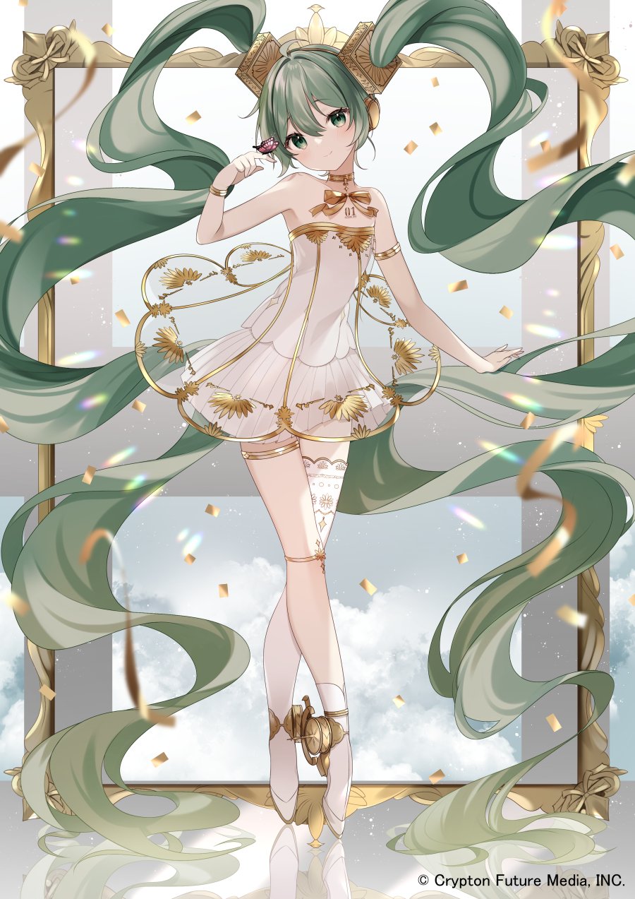 1girl absurdly_long_hair asymmetrical_legwear bare_shoulders closed_mouth dress floating_hair full_body gold_thighlet green_eyes green_hair hand_up hatsune_miku highres long_hair looking_at_viewer miku_symphony_(vocaloid) mismatched_legwear official_art smile socks standing thighhighs very_long_hair vocaloid white_dress white_footwear white_socks white_thighhighs yuni_(irohasuiroiro)