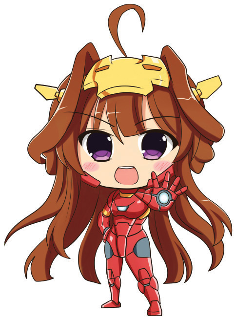 1girl ahoge aiming aiming_at_viewer armor brown_hair captain_america:_civil_war captain_america_(series) captain_america_civil_war chibi cosplay female_focus full_body headgear iron_man iron_man_(cosplay) kantai_collection kongou_(kancolle) marvel marvel_cinematic_universe open_mouth power_armor purple_eyes setia_pradipta smile solo