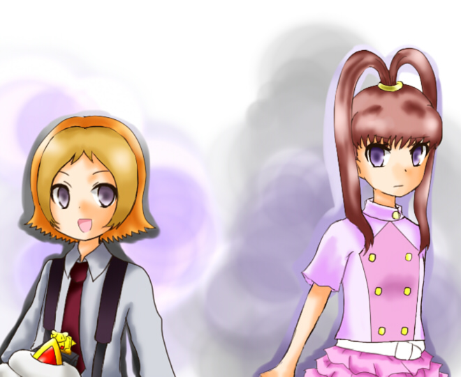 amano_nene_(digimon_xros_wars) amano_yuu_(digimon) brother_and_sister damemon digimon long_hair purple_eyes short_hair siblings twintails tyutyumon