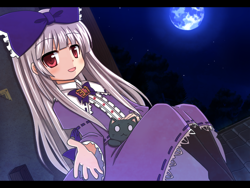 1girl 3.1-tan bow cat child dress female_focus frills letterboxed lolita_fashion long_hair moon os-tan pantyhose red_eyes ribbon silver_hair sky smile solo star_(sky) starry_sky yukinagi