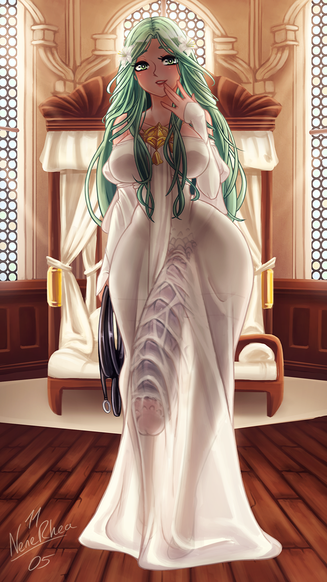 1futa bed bedroom breasts clothes fire_emblem futanari green_eyes green_hair high_heels highres huge_penis large_breasts long_hair looking_at_viewer nenerhea nintendo penis rhea_(fire_emblem) roba robe solo white_robe