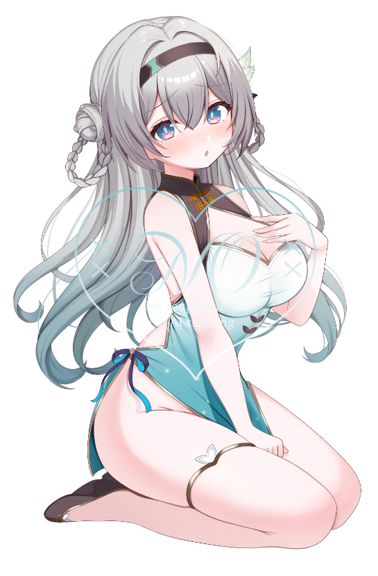 1girl :o alternate_costume aqua_dress aqua_hair black_footwear black_hairband blue_eyes blush breasts china_dress chinese_clothes cleavage cleavage_cutout clothing_cutout commentary dress firefly_(honkai:_star_rail) gradient_clothes gradient_dress gradient_hair grey_hair hair_between_eyes hair_bun hairband hand_up honkai:_star_rail honkai_(series) large_breasts long_hair looking_at_viewer multicolored_hair oguraponti pelvic_curtain seiza side_slit sitting skirt skirt_tug sleeveless sleeveless_dress solo thigh_strap very_long_hair white_background white_dress