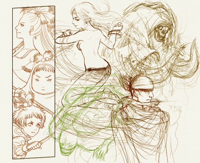 1990s_(style) 1boy 4girls back barbariccia cagnazzo child cindy_magus cocura everyone final_fantasy final_fantasy_iv knife magus_sisters mindy_magus monochrome monster multiple_girls ponytail rubicante sandy_magus scarmiglione siblings sisters sketch