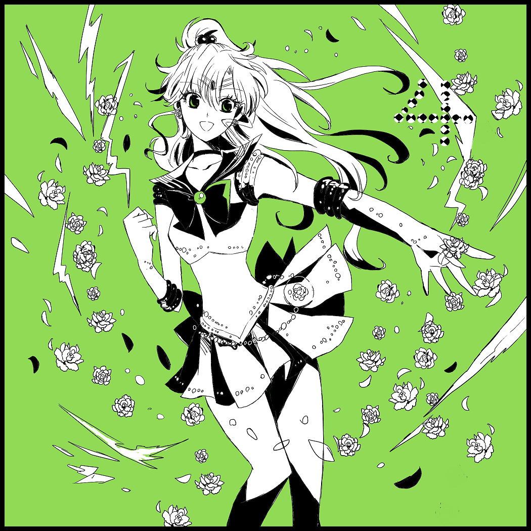 1girl bishoujo_senshi_sailor_moon black_border border bow bowtie choker circlet collarbone elbow_gloves floating_hair gloves green_background green_bow green_bowtie green_eyes grin high_ponytail jupiter_symbol kino_makoto limited_palette long_hair miniskirt outstretched_arm pleated_skirt sailor_collar sailor_jupiter sailor_senshi_uniform sketch skirt smile solo standing usadapan1005