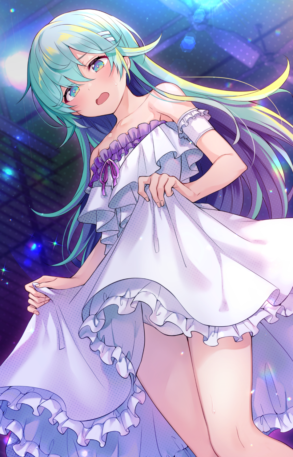 1boy bare_legs blue_eyes blue_hair blush bulge ceiling_fan clothes_lift crossdressing dohna_dohna_issho_ni_warui_koto_o_shiyou dress dress_lift e_(ejkfogksiu_sjsial) embarrassed frilled_dress frills hair_between_eyes hair_ornament hairclip highres joker_(dohna_dohna) lifting_own_clothes long_hair male_focus off-shoulder_dress off_shoulder open_mouth panties solo trap underwear white_dress white_panties