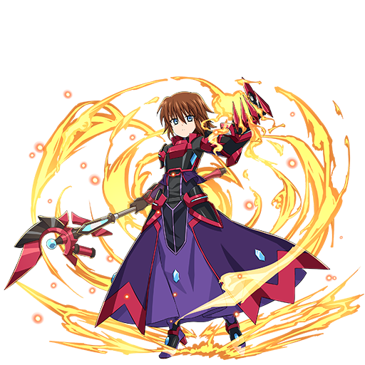 1girl armor armored_dress brown_hair claw_(weapon) dress elemental_story expressionless fire full_body holding holding_flame holding_staff luciferion lyrical_nanoha magical_girl mahou_shoujo_lyrical_nanoha_detonation official_art purple_dress pyrokinesis solo staff stern_the_destructor transparent_background weapon