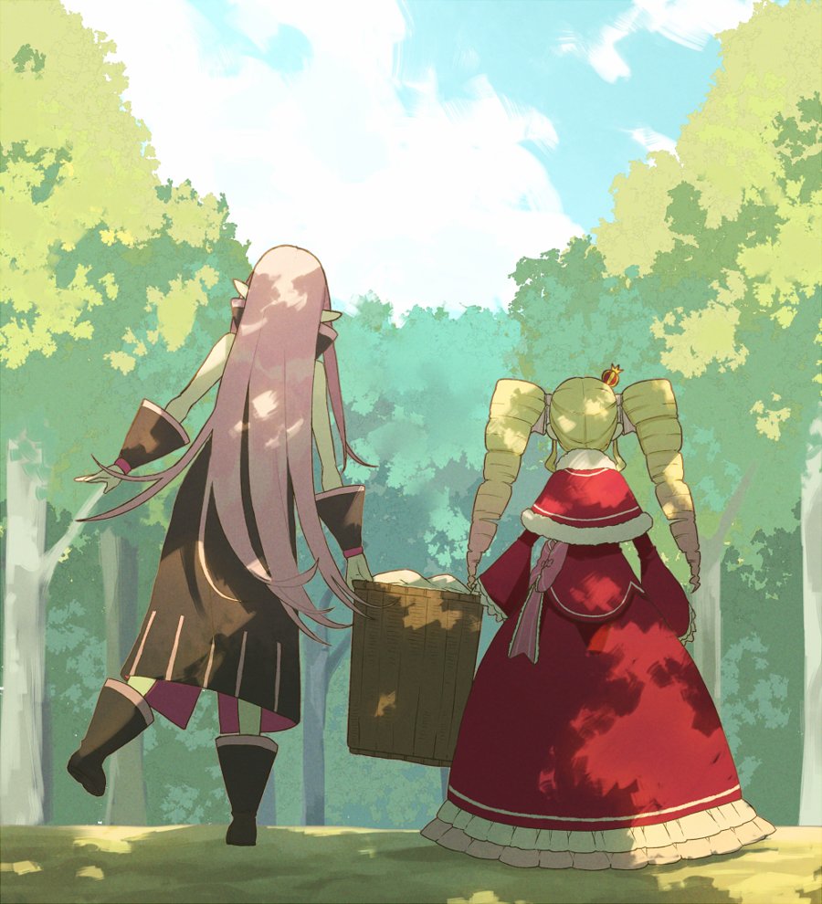 2girls aged_up alternate_universe basket beatrice_(re:zero) blonde_hair boots bow capelet child cloud commentary_request crown day dress drill_hair frills from_behind fur-trimmed_capelet fur_trim holding holding_basket long_hair mini_crown multiple_girls outdoors parupin pink_bow pink_hair pointy_ears re:zero_kara_hajimeru_isekai_seikatsu red_capelet red_dress ryuzu_meyer sidelocks sky standing standing_on_one_leg tree twin_drills twintails