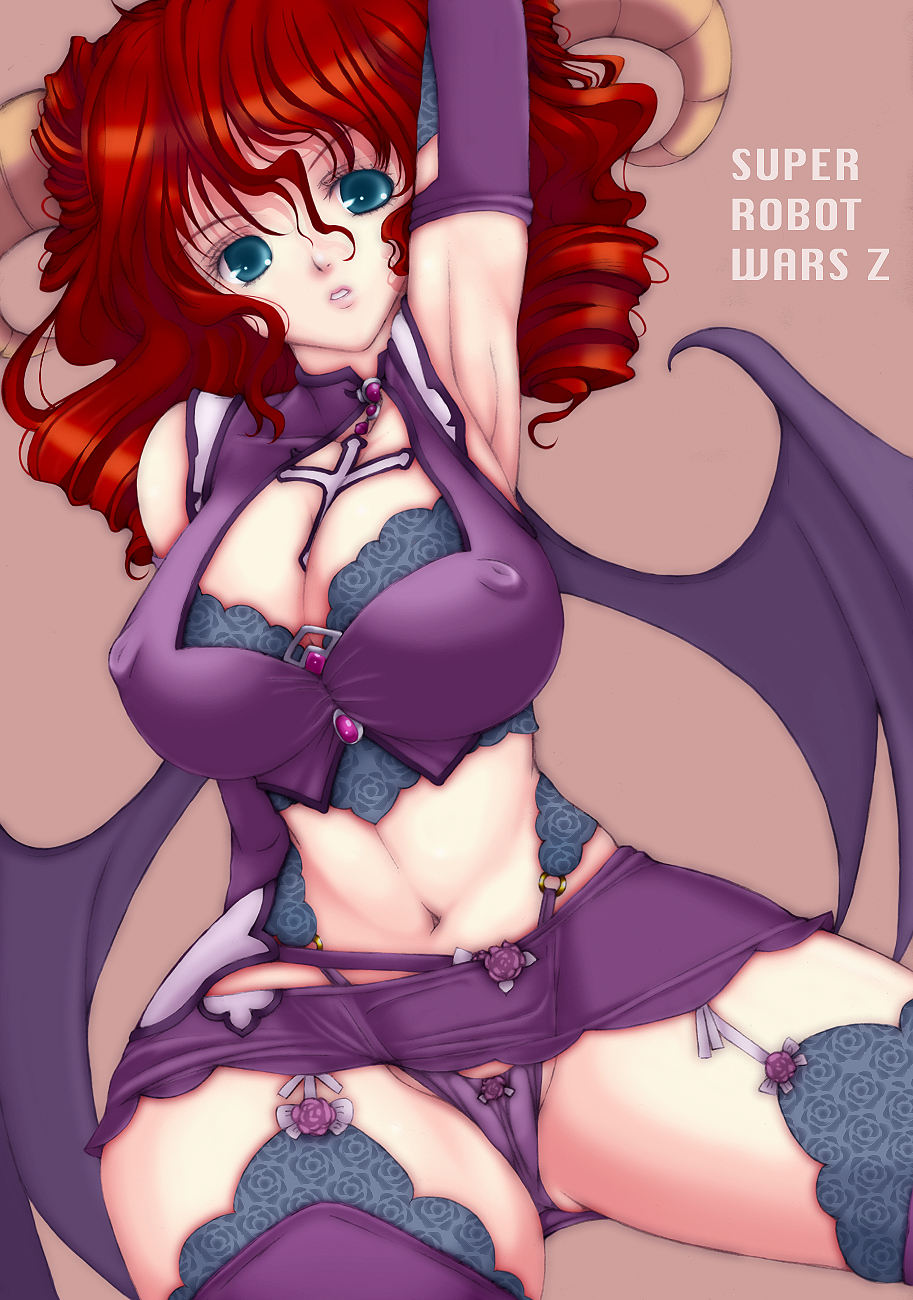 1girl armpits bad_id bad_pixiv_id banpresto bat_wings blue_eyes breasts cleavage covered_erect_nipples curvy drill_hair elbow_gloves female_focus garter_belt gloves highres horns kannagi_kaname large_breasts long_hair navel panties red_hair solo super_robot_wars super_robot_wars_z super_robot_wars_z1 thighhighs underwear wide_hips wings xine_espio