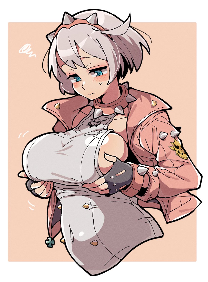 1girl blue_eyes blush bracelet breasts collar elphelt_valentine fingerless_gloves gloves grabbing_own_breast guilty_gear guilty_gear_strive hairband highres itsuka_neru jewelry large_breasts short_hair sideboob solo spiked_bracelet spiked_collar spiked_hairband spiked_jacket spikes upper_body white_hair