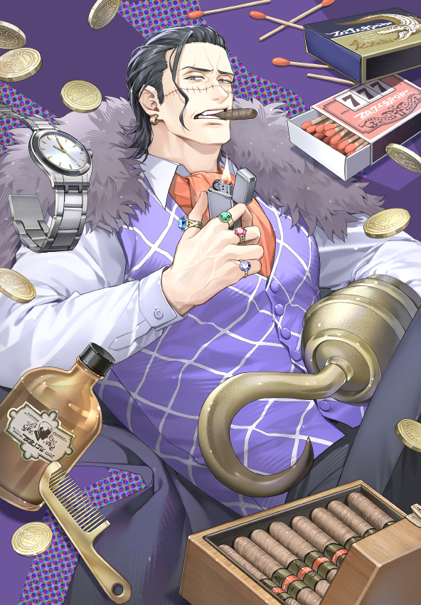 1boy ascot black_hair bottle cigar coat coat_on_shoulders coin comb commentary crocodile_(one_piece) earrings fur-trimmed_coat fur_trim hair_slicked_back hook_hand jewelry male_focus matchbox matches one_piece orange_ascot purple_vest ring sidelocks smoke solo stitched_face stitches vest watch yoshicha