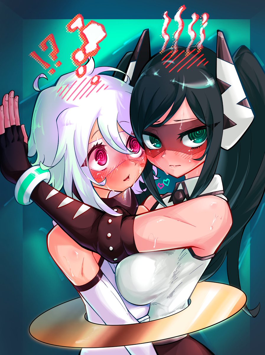 !? 2girls @_@ aygoftenover black_hair blush bound_together box breasts dunant_pilse elbow_gloves embarrassed fingerless_gloves gloves green_eyes hair_blush heart highres hug in_box in_container lady_black_(shy) long_hair looking_at_another looking_to_the_side medium_breasts medium_hair multiple_girls pink_eyes shy_(character) shy_(series) sleeveless steam sweat twintails upper_body white_hair yuri