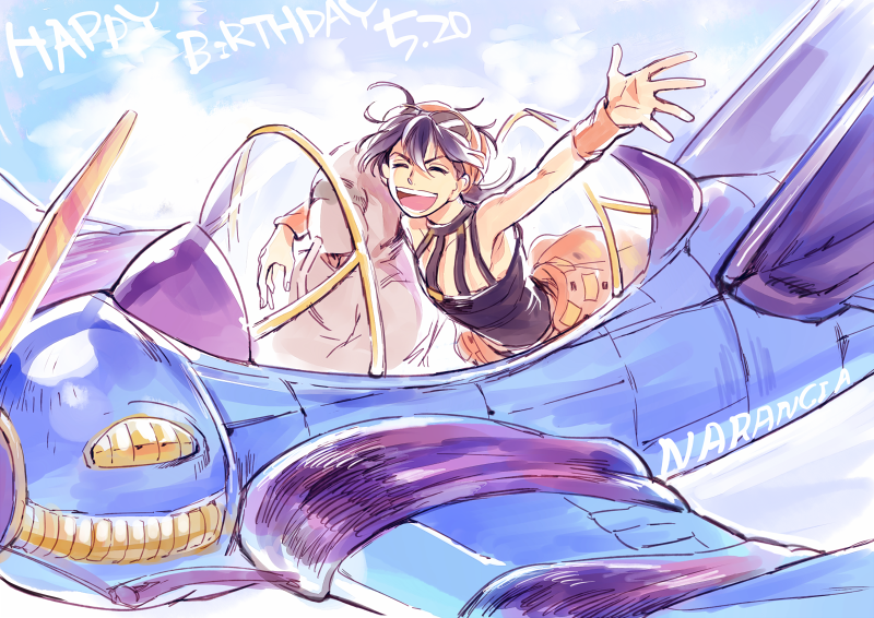 1boy aerosmith_(stand) aircraft airplane black_hair choker closed_eyes headband jojo_no_kimyou_na_bouken mapi narancia_ghirga open_mouth short_hair smile stand_(jojo) vehicle_focus waving