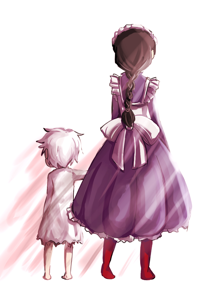 .flow 2girls aged_down apron barefoot braid full_body height_difference holding_hands maid maid_(.flow) maid_apron multiple_girls night_(pixiv) nightmargin petticoat sabitsuki short_hair standing white_hair