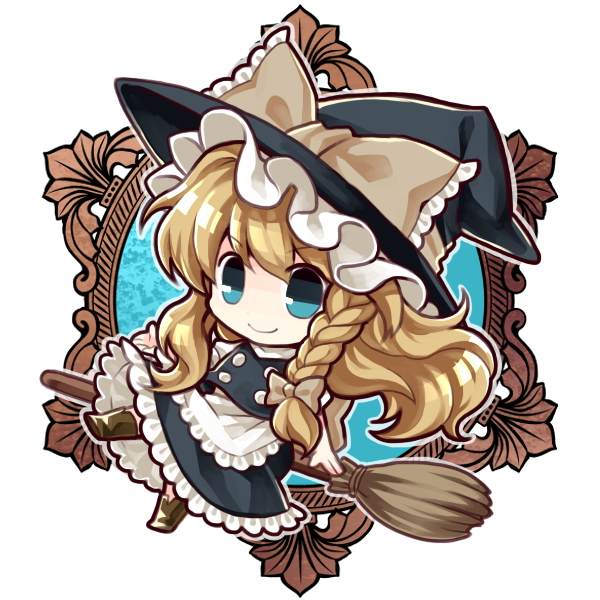 &gt;:) 1girl apron blonde_hair blue_eyes boots bow braid broom broom_riding chibi female_focus full_body hat hat_bow kirisame_marisa long_hair looking_at_viewer single_braid skirt skirt_set smile socha solo touhou transparent_background turtleneck v-shaped_eyebrows vest wavy_hair witch_hat