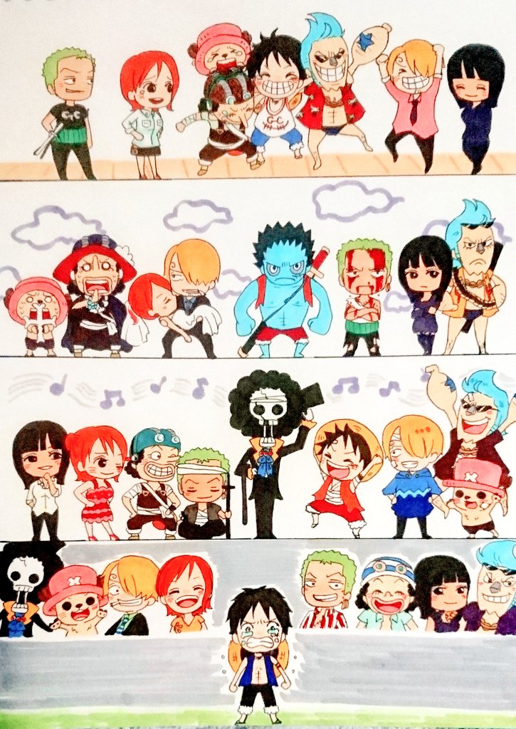 &gt;_&lt; 2girls 6+boys ^_^ armlet arms_behind_back ascot bandaged_head bandages black_hair blonde_hair blood blood_on_face blue_ascot blue_hair blue_hoodie blue_skin blunt_bangs brook_(one_piece) chain chibi cigarette closed_eyes closed_mouth cloud colored_skin cross crossed_arms crying curly_eyebrows dress earrings facial_hair franky_(one_piece) goatee green_hair hair_over_one_eye hand_on_own_hip haramaki hat hat_feather holding holding_cross hood hoodie jewelry long_nose monkey_d._luffy multiple_boys multiple_girls musical_note nami_(one_piece) nico_robin nico_robin_(sabaody) nico_robin_(thriller_bark) one_eye_closed one_piece open_mouth orange_hair panties pink_hat pupil308 red_shorts roronoa_zoro sanji_(one_piece) sash scar scar_on_face short_hair shorts skirt smile straw_hat sunglasses sword tank_top tony_tony_chopper top_hat underwear usopp weapon weapon_on_back wedding_dress white_sash