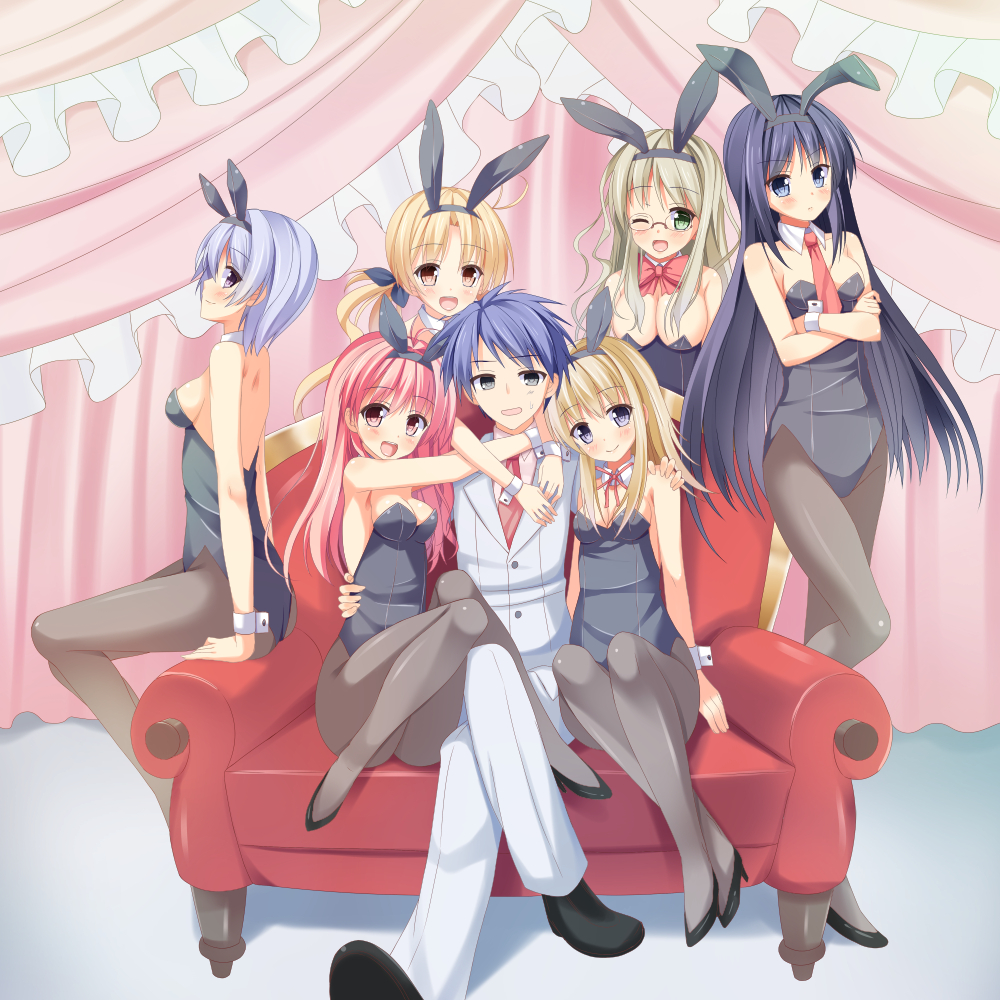 00s 1boy 6+girls animal_ears aoi_sena asa_no_ha_(awayuki) bare_shoulders black_hair blonde_hair blue_hair breasts chaos;head cleavage detached_collar fake_animal_ears glasses kishimoto_ayase kusunoki_yua long_hair multiple_girls nishijou_nanami nishijou_takumi orihara_kozue pantyhose pink_hair playboy_bunny rabbit_ears rabbit_tail sakihata_rimi short_hair tail